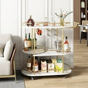 strundghti 3-Tier Serving Cart Trolley, Vintage Mobile Golden Beverage Bar Cart with Marble Textured and Wine Rack and Glass Holder,for Kitchen, Hotel